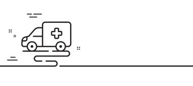 Ambulans taşıma hattı simgesi. Hasta taşıma işareti. Acil servis sembolü. Asgari çizgi çizimi arka planı. Ambulans taşıma hattı simge desenli pankart. Vektör