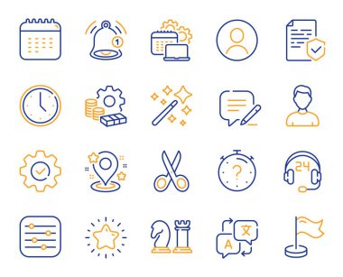 İş dünyası simgeleri. Dil çevirisi, Satranç stratejisi ve uyarı seti. Profil fotoğrafı, konum yeri ve yıllık takvim çizelgesi simgeleri. Avatar yer tutucu, iş satranç stratejisi. Vektör