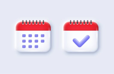 Takvim 3d simgeleri. Tarih çizelgesi ayarlandı. Olay anımsatıcı, 3d takvim düzenleyici bildirim simgesi. Toplantı programı, randevu günü, etkinlik tarihi. İş takvimi, program planı. Vektör