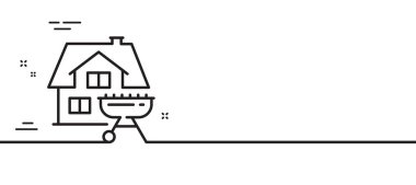 Ev mangalı çizgisi simgesi. Yemek pişirmek için ızgara pişirici. Meat Brrazier sembolü. Asgari çizgi çizimi arka planı. Ev mangalı ikon desenli pankart. Beyaz ağ şablonu konsepti. Vektör