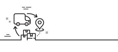 Tedarik zinciri simgesi. Teslimat lojistik işareti. Ürün tedarikçisi sembolü. Asgari çizgi çizimi arka planı. Tedarik zinciri simge desenli pankart. Beyaz ağ şablonu konsepti. Vektör