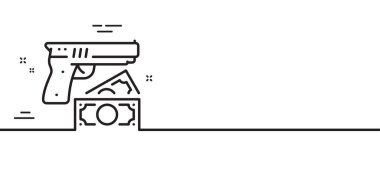 Soygun hattı ikonu. Para dolandırıcılığı işareti. Silahlı bir hırsız para sembolünü çaldı. Asgari çizgi çizimi arka planı. Soygun hattı ikon desenli pankart. Beyaz ağ şablonu konsepti. Vektör