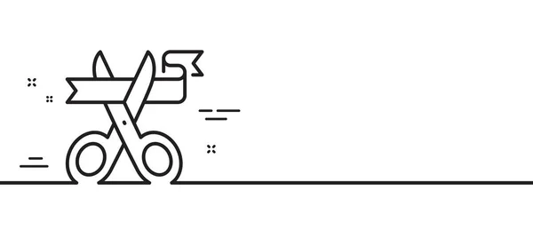 リボン線のアイコンをカットします 開会式のサインだ 発足はさみのシンボル 最小限の線のイラストの背景 リボン線のアイコンパターンバナーをカットします ホワイトウェブテンプレートのコンセプト ベクトル — ストックベクタ