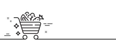 Sebze arabası çizgisi ikonu. Marul, domates tabelalı havuç. Düşük kalorili gıda sembolü. Asgari çizgi çizimi arka planı. Sebze arabası ikon desenli pankart. Vektör