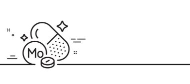 Molybdenum mineral hattı simgesi. Kimyasal element Mo işareti. Kapsül ya da hap sembolü. Asgari çizgi çizimi arka planı. Molybdenum mineral çizgi simge desenli pankart. Beyaz ağ şablonu konsepti. Vektör