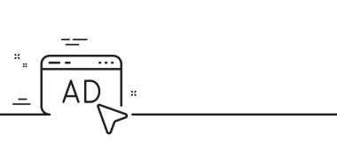 Reklam satırı simgesi. Online teklif tabelası. İnternet promosyon sembolü. Asgari çizgi çizimi arka planı. Reklam satırı simgesi afişi. Beyaz ağ şablonu konsepti. Vektör