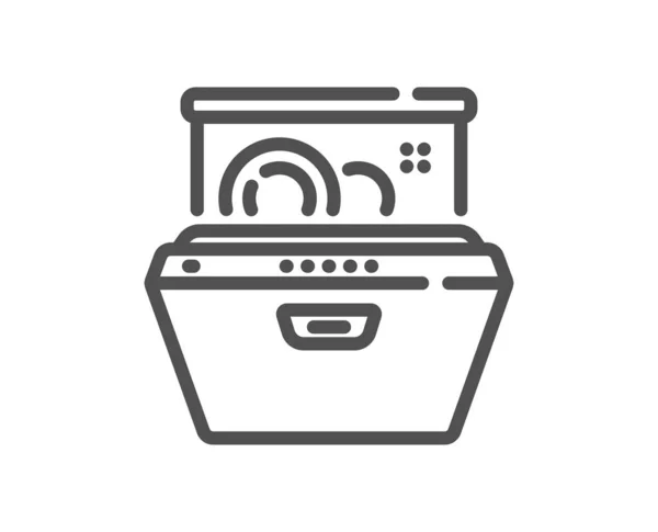 食器洗浄機のラインアイコン 食器やプレートのサインを洗う 食器洗浄機のシンボル 品質設計要素 リニアスタイル食器洗い機アイコン 編集可能なストローク ベクトル — ストックベクタ