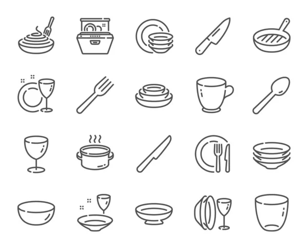 Tablo Çizgisi Simgeleri Bulaşık Tabağı Yemek Kasesi Mutfak Gereçleri Çatal — Stok Vektör
