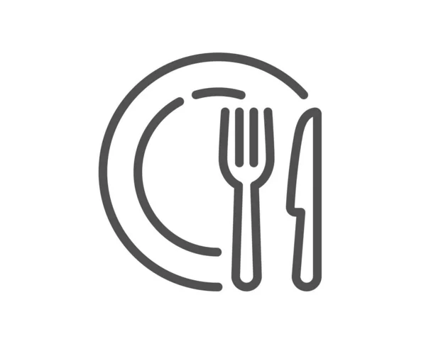 皿のアイコン 食器用プレートのサイン 台所用品フォークとナイフのシンボル 品質設計要素 線形スタイルの料理のアイコン 編集可能なストローク ベクトル — ストックベクタ