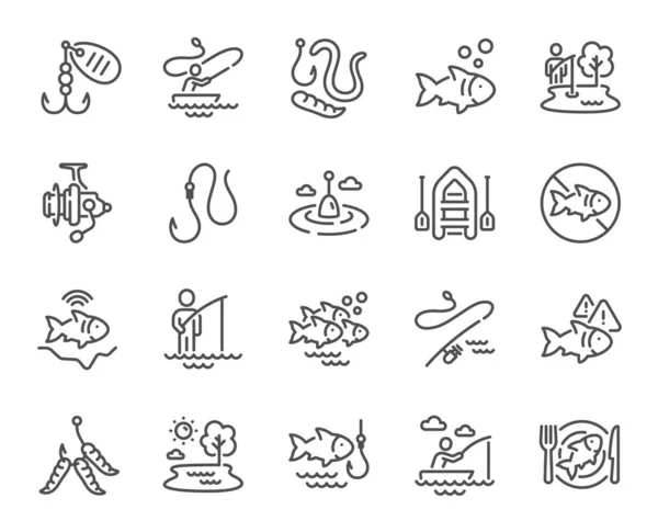 Иконки Рыболовных Линий Надувная Лодка Черви Наживка Личинок Удочка Поплавок — стоковый вектор