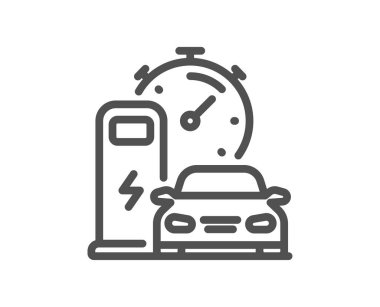 İstasyon hattı simgesi yükleniyor. Araba şarj zamanı tabelası. Elektrik güç sembolü. Kalite tasarım elemanı. Doğrusal stil şarj istasyonu simgesi. Düzenlenebilir felç. Vektör