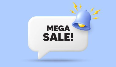 Mega Satış etiketi. Üç boyutlu çıngıraklı pankart. Özel fiyat tabelası. Reklam indirimi sembolü. Mega-satış sohbet konuşması mesajı. 3D konuşma kutusu sunar. Vektör
