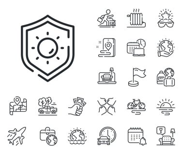 UV koruma işareti. Uçak jeti, seyahat haritası ve bagaj teslim ikonları. Güneş koruma hattı simgesi. Güneş kremi etkisi sembolü. Güneş koruma hattı işareti. Araba kiralama, taksi taşıma ikonu. Vektör