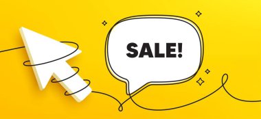 Satış promosyon etiketi. Devamlı sohbet afişi. Özel fiyat tabelası. Reklam indirimi sembolü. Konuşma balonu mesajı. Paketlenmiş 3d imleç simgesi. Vektör