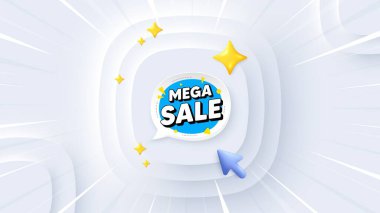 Mega satış balonu. Neumorphic teklif 3D afiş, poster. İndirimli afiş şekli. Kupon yapıştırma ikonu. Mega satış tanıtım etkinliği geçmişi. Güneş patlaması afişi, broşür ya da kupon. Vektör