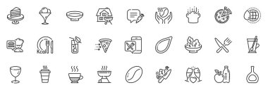 Uygulama için simgeler kahve, yemek teslimatı ve Glass line simgeleri arasında Paket Paketi, Dondurma, Sebze ana hatları ince ikon web seti yer alıyor. Pizza, çanak, kek resmi. Kalori, yemek şapkası. Vektör