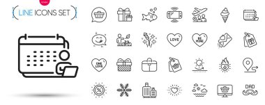 Kalp ateşi paketi, seyyar deniz ve dondurma hattı ikonları. Muhasebeyi, Babalar Günü 'nü, eko bisiklet ikonlarını dahil et. Kuponlar, Hediye, Lezzetli gülümseme işaretleri. Kar tanesi, indirim etiketi, alışveriş arabası. Vektör