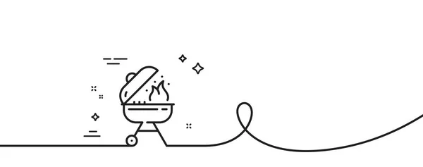 烧烤线图标 连续一行与卷曲 烧烤锅 用于烹调食品标志 带有火势符号的火锅 烤单一轮廓丝带 循环曲线模式 — 图库矢量图片