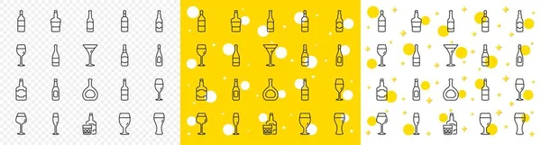Set Craft Beer Whiskey Wine Glass Icons Wine Bottle Line — Stock Vector