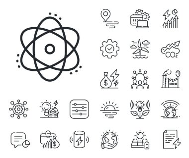 Enerji işareti. Enerji, karbondioksit egzozu ve güneş paneli ikonları. Atom çizgisi simgesi. Kimyasal element sembolü. Atom çizgisi işareti. Eko elektrik ya da rüzgar gücü ikonu. Yeşil gezegen. Vektör