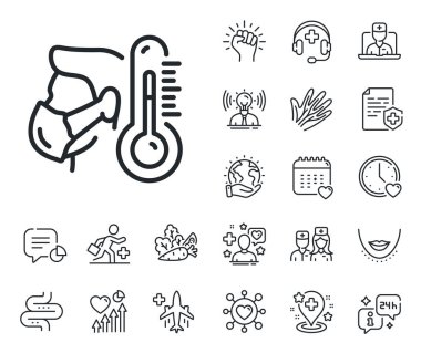 Sıcaklık göstergesi. Çevrimiçi doktor, hasta ve ilaç ikonları. Maske çizgisi ikonu olan hasta bir adam. Grip hastalığının sembolü. Hasta adam çizgisi işareti. Damarlar, sinirler ve kozmetik işlem ikonu. Vektör