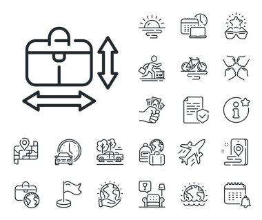 El bagajı boyut işareti. Uçak jeti, seyahat haritası ve bagaj teslim ikonları. El çantası boyut çizgisi simgesi. Seyahat çantası sembolü. El çantası boyunda tabela. Araba kiralama, taksi taşıma ikonu. Vektör