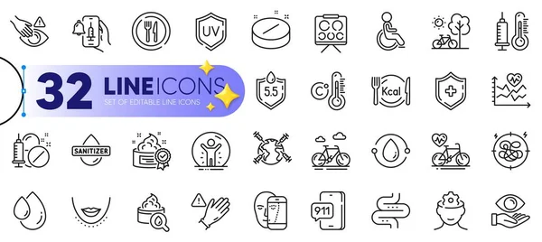 Stock vector Outline set of Uv protection, Vaccine announcement and Thermometer line icons for web with Ph neutral, Use gloves, Bike thin icon. Calories, Oil drop, Medical tablet pictogram icon. Vector