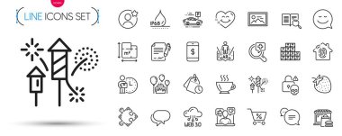 Bir sürü sosyal medya, gülümseme ve en iyi arkadaş çizgisi ikonu. Pasta, araba parkı, akıllı telefon ödeme ikonları dahil. Mesaj, fotoğraf, Web3 işaretleri. Zaman yönetimi, Havai fişekler roketi. Vektör