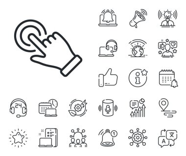 El işaretine tıklayın. Konum, teknoloji ve akıllı hoparlörler ikonları yerleştirin. Dokunmatik ekran jest çizgisi simgesi. Eylem sembolüne bas. Dokunmatik ekran jest işareti. Etkileyici, marka büyükelçisi ikonu. Vektör