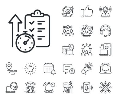 Kronometre sonuçları geldi. Konum, teknoloji ve akıllı hoparlörler ikonları yerleştirin. Zamanlayıcı çizgisi simgesi. Geri sayım sembollü kontrol listesi. Zamanlayıcı işareti. Vektör