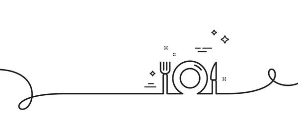 フードラインのアイコン カール付きの連続1行 レストランの看板 フォーク ナイフ プレートのシンボル フードシングルアウトラインリボン ループカーブパターン ベクトル — ストックベクタ