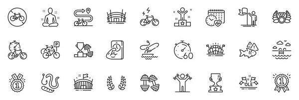 Symbole Wie Kurzhanteln Workout Bike Timer Und Winner Cup Line — Stockvektor