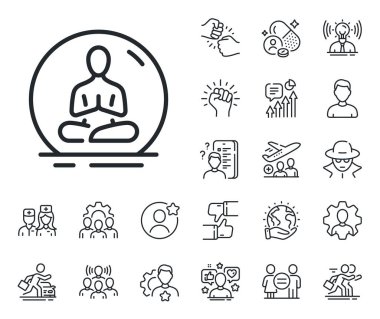 Meditasyon poz işareti. Uzman, doktor ve iş yarışması ikonları. Yoga çizgisi simgesi. Vücut ve zihin sembolünü gevşet. Yoga hattı işareti. Avatar yer tutucu, casus vesikalığı ikonu. Saldırı lideri. Vektör