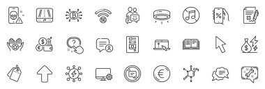 Uygulama için İndirim uygulaması, Gönderme ve Bitcoin sistem satırı simgeleri olarak simgeler paketler Swipe up, İmleç, Para Oranı ince simge web setini içerir. Siber saldırı, Spanner, soru düğmesi resmi. Vektör