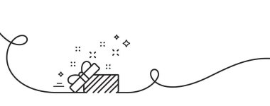 Hediye kutusu açık çizgi simgesi. Kıvrımlı tek bir çizgi. Noel ya da yeni yıl tabelası. Sürpriz sembolü. Mevcut tek taslak şerit. Döngü eğrisi modeli. Vektör