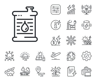 Gasoline or diesel fuel sign. Energy, Co2 exhaust and solar panel outline icons. Barrel of oil line icon. Petroleum power energy symbol. Oil barrel line sign. Eco electric or wind power icon. Vector clipart