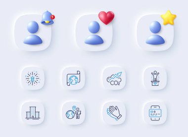 Dış kaynak işi, Kart ve el çırpma ikonları. 3D zilli, yıldızlı, kalpli bir yer tutucu. Tercüme servisi, üniversite kampüsü, Havai fişek patlama ikonu. Vektör