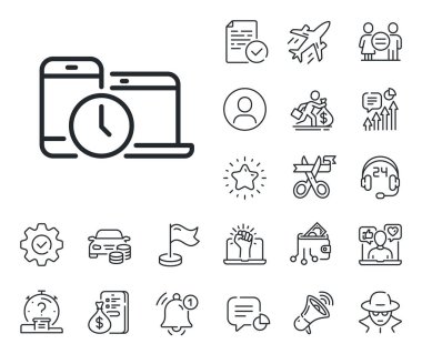Saat işareti. Maaşlı çalışan, cinsiyet eşitliği ve alarm çanı taslak simgeleri. Zaman yönetimi çizgisi simgesi. Mobil aygıtlar sembolü. Zaman yönetimi çizelgesi. Casus ya da profil tutucu simgesi. Vektör