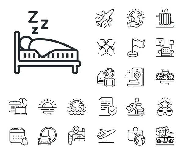 Stock vector Night rest bed sign. Plane jet, travel map and baggage claim outline icons. Sleep line icon. Human bedtime symbol. Sleep line sign. Car rental, taxi transport icon. Place location. Vector