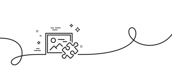 パズル画像ラインのアイコン カール付きの連続1行 写真の看板が付いているジグソーピース ビジネスチャレンジシンボル パズル画像の1つのアウトラインリボン ループカーブパターン ベクトル — ストックベクタ
