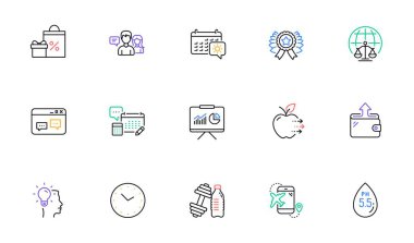 Tarayıcı penceresi, Cüzdan ve İnsanlar web sitesi ve yazdırma için konuşma satırı simgeleri. Dumbbell, Time, Ph nötr ikonları koleksiyonu. Hesap, uçuş rotası, fikir web elementleri. Kazanan kurdele. Vektör