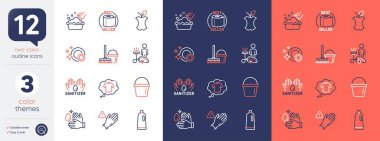 Tuvalet kağıdı seti, paspas kovası ve el yıkama çizgisi simgeleri. Eldiven, temizlik, el yıkama ikonları da dahil. Kova, organik atık, temiz bulaşık, web elementleri. Tişört. Vektör