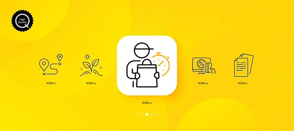 Online Shopping Delivery Man Grow Plant Minimal Line Icons Yellow — Stock Vector