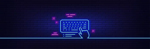 霓虹灯发光效果 键盘线图标 计算机元器件标志 3D线霓虹灯发光图标 砖墙横幅 计算机键盘轮廓 — 图库矢量图片