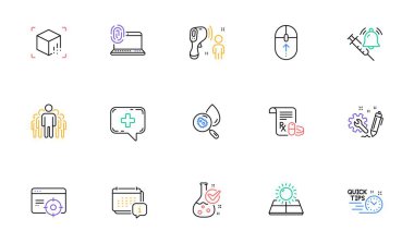 Artırılmış gerçeklik, aşı duyurusu ve internet sitesi ve baskı için Bilgisayar parmak izi çizgisi simgeleri. Tıbbi sohbet derlemesi, kimya laboratuvarı, ikonlar. Seo hedef alıyor, Mühendislik. Vektör