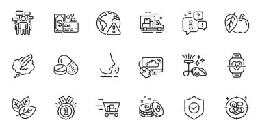 Outline set of Shopping cart, Approved and Vacuum cleaner line icons for web application. Talk, information, delivery truck outline icon. Include Cloud computing, Organic tested, Apple icons. Vector clipart