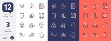 Organik test seti, Dumbbell ve Medikal reçete simgeleri. Tıbbi ilaçlar, bırakma tezgahı, hasta adam ikonları dahil. Bitkiler sulanır, yağ düşer, ateş ve ağ elementleri. Vektör