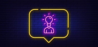 Neon ışığı konuşma balonu. Lamba çizgisi ikonlu insan silueti. İş ya da Eğitim kavramı işareti. Neon ışıklı arka plan. Eğitim ışığı çizgisi. Tuğla duvar afişi. Vektör