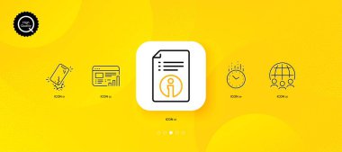 Akıllı telefon arızası, teknik bilgiler ve zaman çizelgesi simgeleri. Sarı soyut arkaplan. Küresel iş, Web rapor simgeleri. İnternet, uygulama, baskı için. Telefon şakası, belge, saat. Vektör