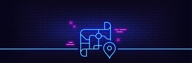 Neon light glow effect. Map line icon. Road trip sign. Journey route distance symbol. 3d line neon glow icon. Brick wall banner. Map outline. Vector